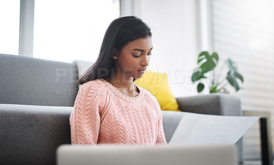 Buy stock photo Home, student and girl with laptop, document and study for exam and assignment with deadline. Person, college and woman with pc, schedule and paperwork for project, tech and learning with education