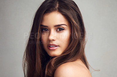 Buy stock photo Beauty, cosmetics and hair with portrait of woman in studio on gray background for keratin or shampoo treatment. Aesthetic, face and wellness with natural model at salon for conditioning or haircare