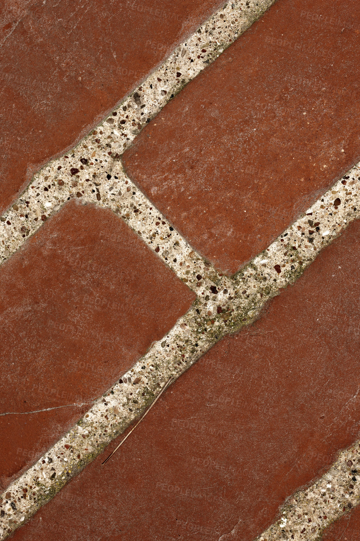 Buy stock photo Closeup of grout in a red brick wall with copy space on the exterior of a home, house or city building. Texture and detail background of rough architecture and construction design on an old structure