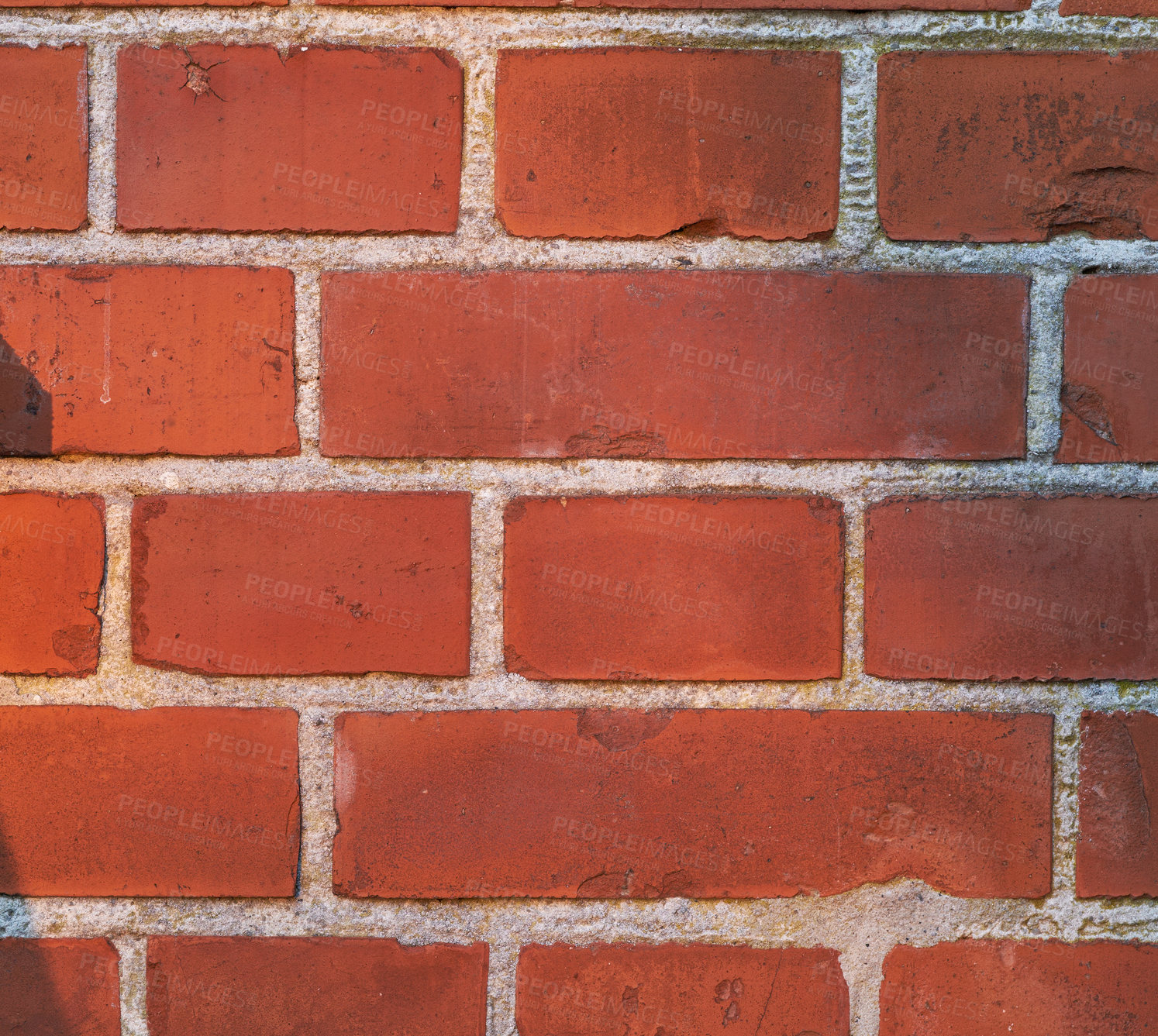 Buy stock photo Closeup of red brick wall and copy space on exterior of a home, house or city building. Texture, detail, copyspace background of rough architecture construction design of facebrick on old structure