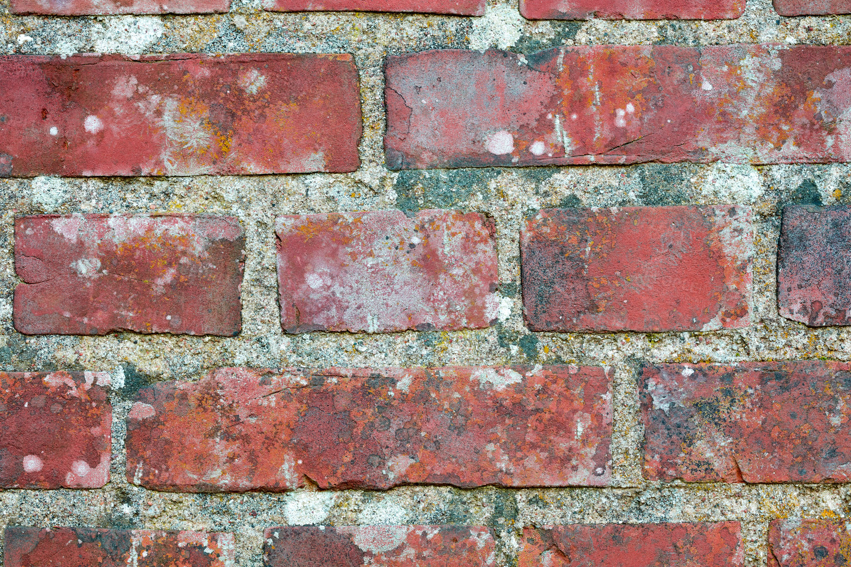 Buy stock photo Closeup of a dirty red brick wall with copy space. Old deteriorating exterior surface of a house. Detail and rough texture of cement blocks concrete layers for construction of a solid structure