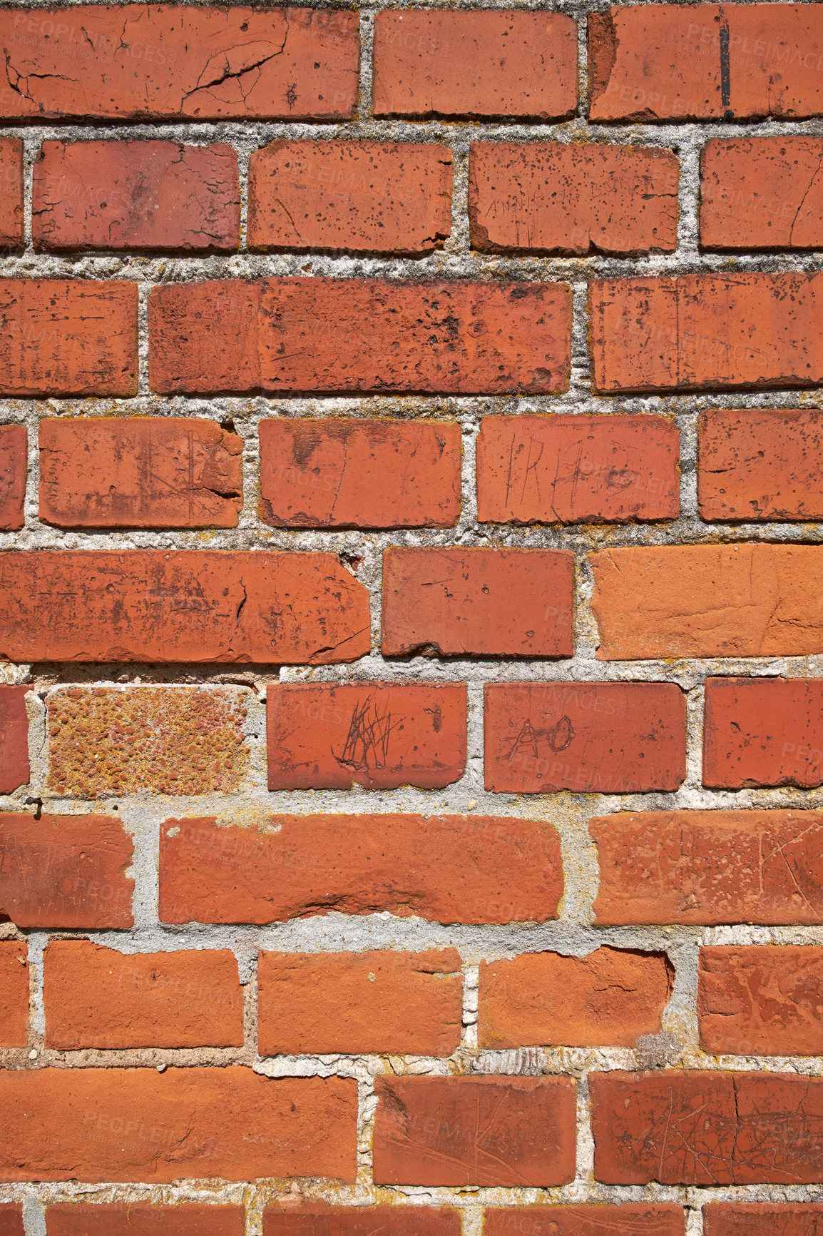 Buy stock photo Closeup of weathered facebrick wall and copy space on exterior of a home, house or city building. Texture and detail background of rough architecture construction design of red brick on old structure