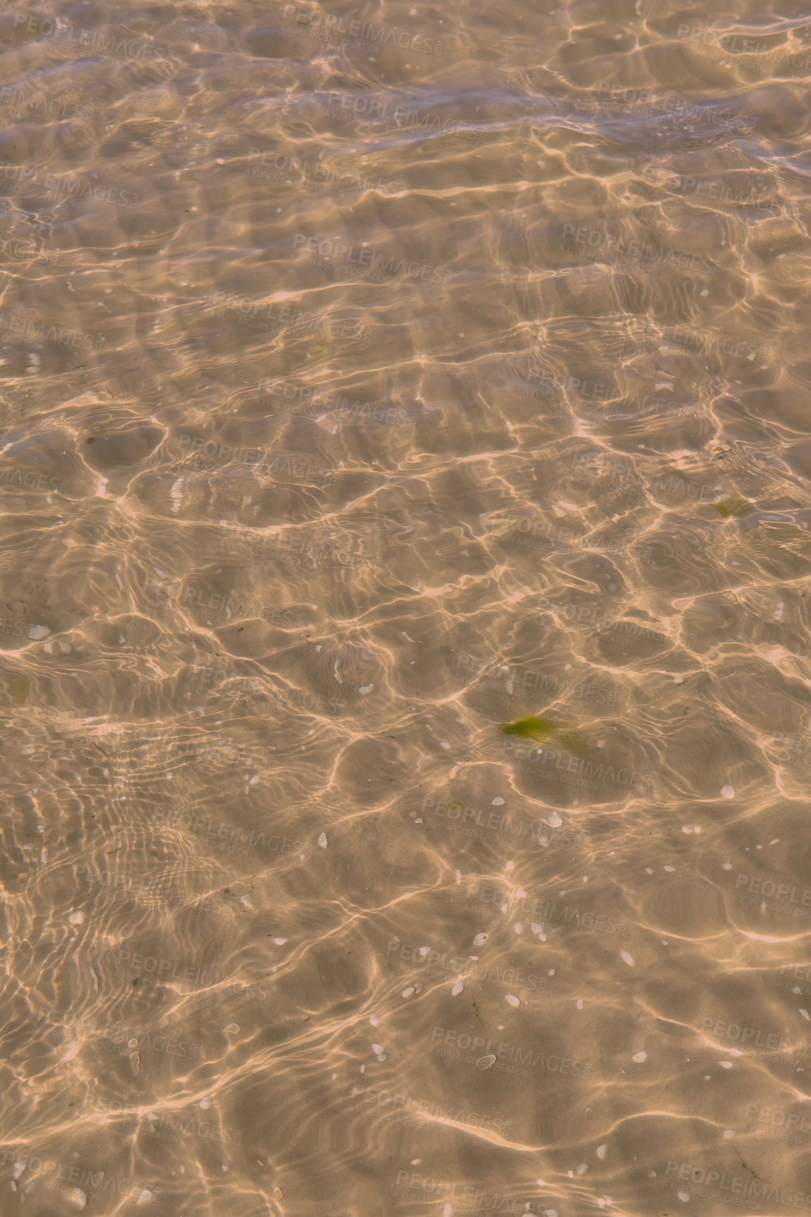 Buy stock photo Clear beach water on a summer day with copy space. Above view of calm low tide sea ripples during spring. Closeup of the bright sun reflection shining off the shallow ocean useful as a background