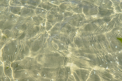 Buy stock photo Above closeup of sunlight reflecting on water at beach with copy space. Closeup of shallow waves and calm ripples on a coastline on a sunny day outside. Clear liquid refracting sun rays in summer