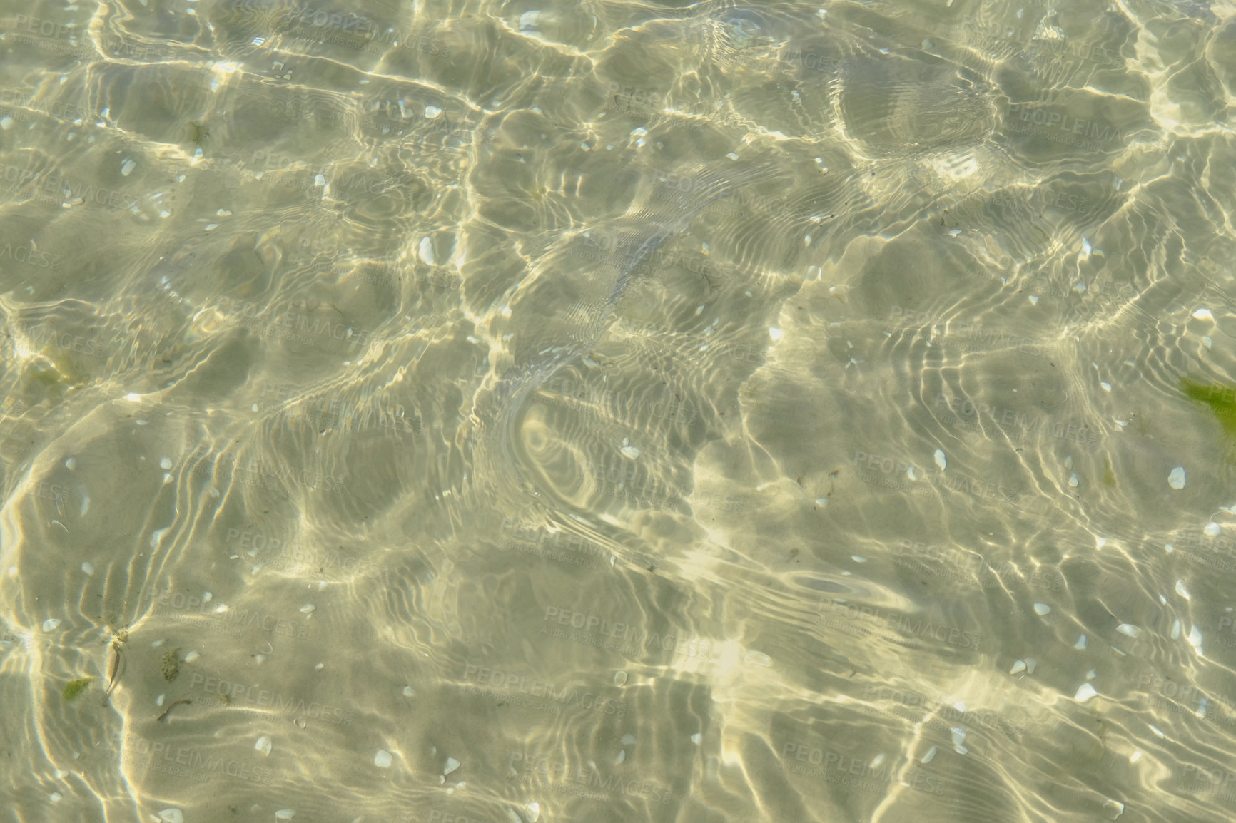 Buy stock photo Above closeup of sunlight reflecting on water at beach with copy space. Closeup of shallow waves and calm ripples on a coastline on a sunny day outside. Clear liquid refracting sun rays in summer