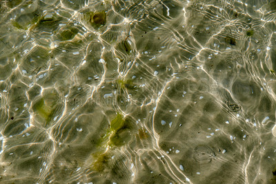 Buy stock photo Clear beach water on a summer day with copy space. Top view of calm low tide sea ripples during spring. Closeup of the bright sun reflection shining off the shallow ocean useful as a background