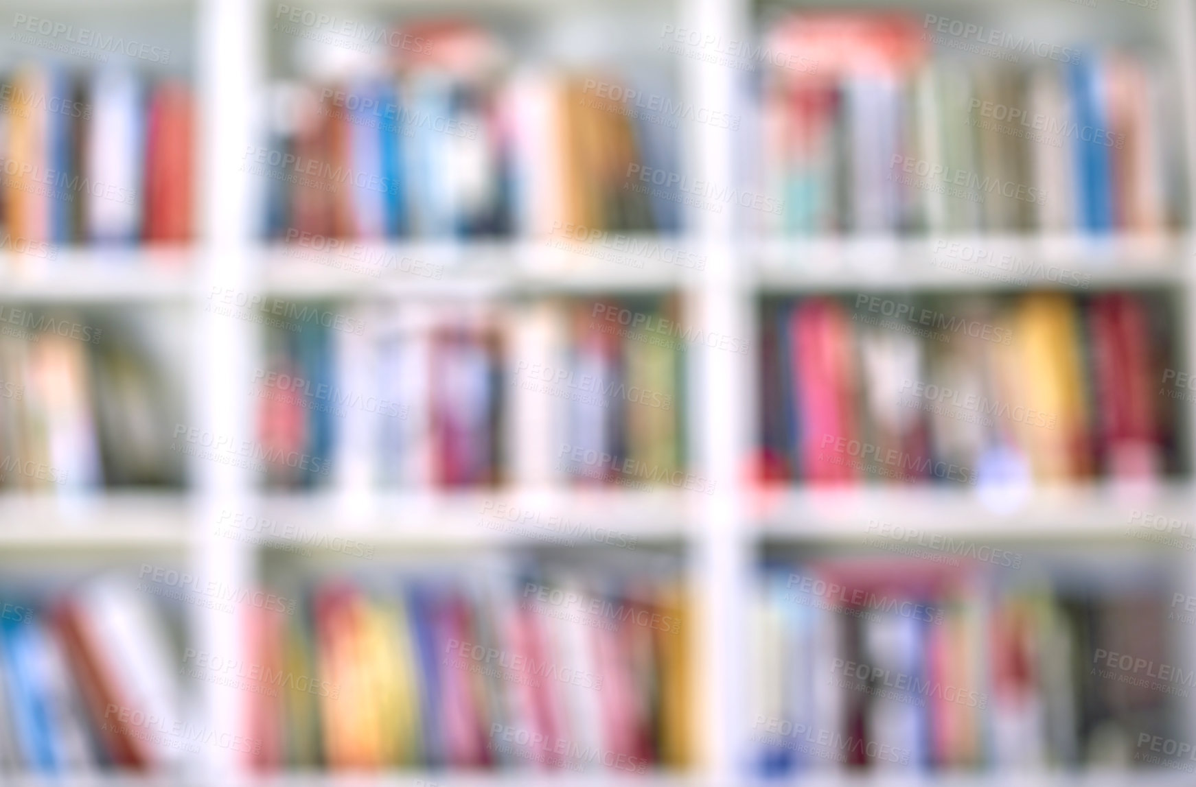 Buy stock photo Copy space, defocused, blurred view of library books stacked on stored shelves in home or community centre. Literature knowledge, encyclopedias in school. Variety of intellectual educational insight