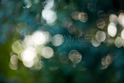 Buy stock photo Copy space, defocused and blur view of a bokeh garden and aesthetic background with copyspace. Calm, zen, tranquil and peaceful pattern of soothing blue, green, turquoise, white colors in a backyard