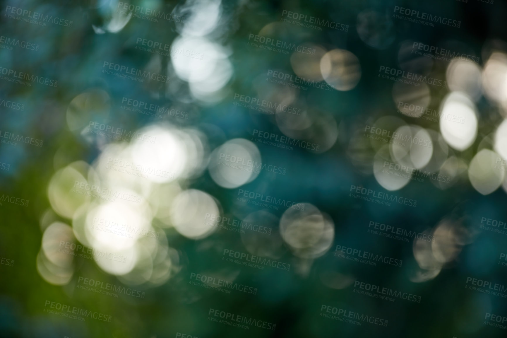 Buy stock photo Copy space, defocused and blur view of a bokeh garden and aesthetic background with copyspace. Calm, zen, tranquil and peaceful pattern of soothing blue, green, turquoise, white colors in a backyard
