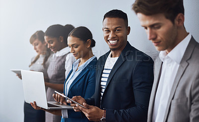 Buy stock photo Tablet, happy man or business people waiting for recruitment, hiring app or job interview in portrait. Sign up, phone or applicant on technology in corporate for employment opportunity registration