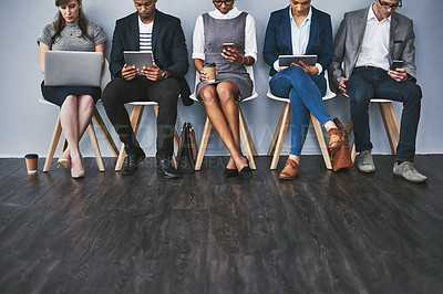 Buy stock photo Technology, hands or business people waiting for job opportunity, interview or hiring app in office. Sign up, floor mockup or legs of candidates on tablet for employment recruitment or registration