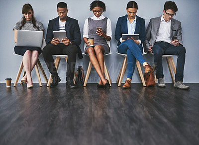 Buy stock photo Technology, search or business people in queue for hiring app, recruitment or job interview in office. Sign up, phone or candidates on tablet in waiting room for employment opportunity registration