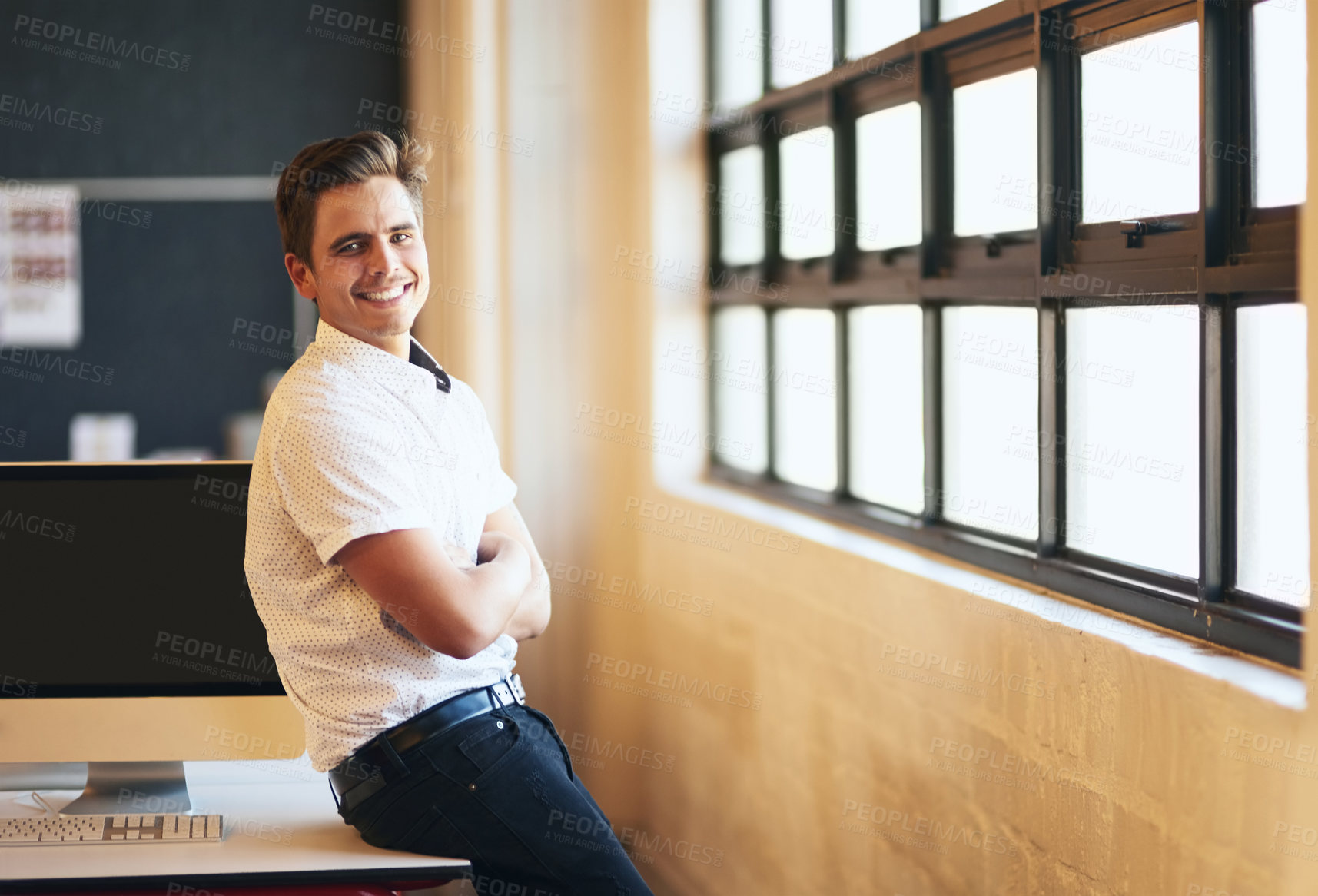 Buy stock photo Happy, crossed arms and portrait of business man in office with confidence, pride and smile. Creative company, professional mockup and person by window  for startup career, work and job opportunity