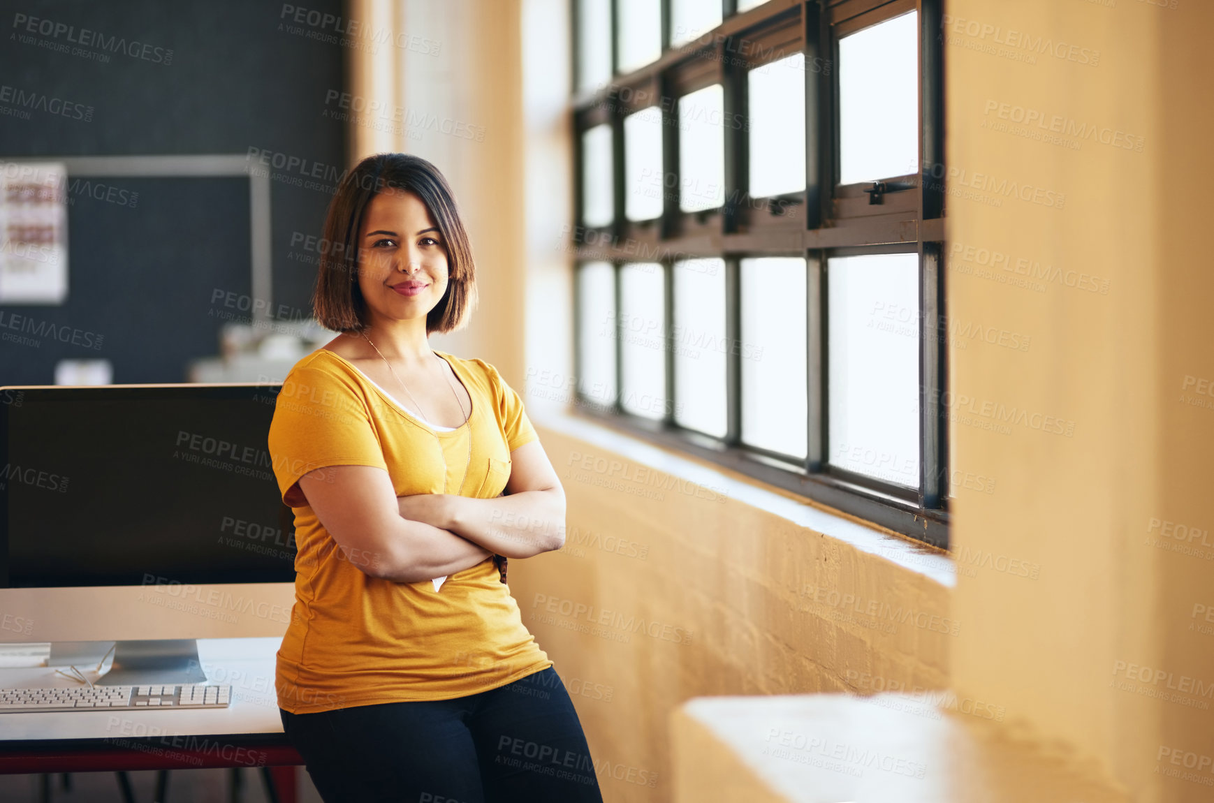 Buy stock photo Office, crossed arms and portrait of business woman with confidence, pride and smile. Creative company, professional worker and happy person by window for startup career, work and job opportunity