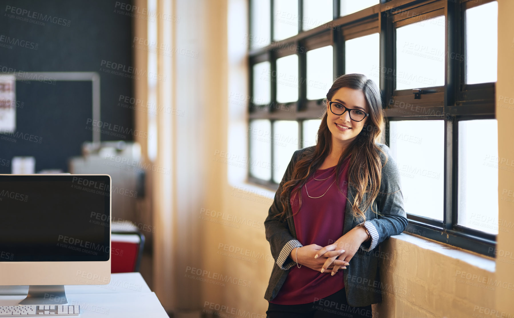 Buy stock photo Window, crossed arms and portrait of business woman in office with confidence, pride and smile. Creative company, professional and person with mockup space for startup career, work or job opportunity