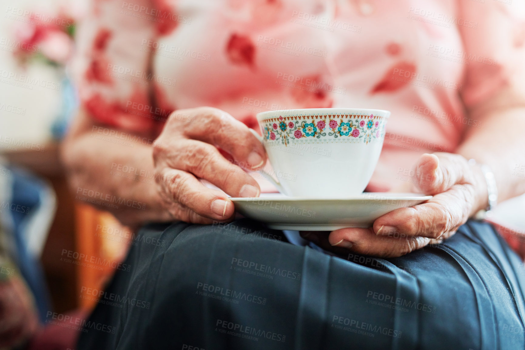 Buy stock photo Hands, tea cup and senior woman in home for relax, comfort and afternoon warm beverage. House, drink and elderly female person in retirement with coffee, cappuccino or latte at assisted living.