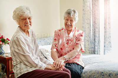 Buy stock photo Portrait of two happy elderly women spending time with each other at home