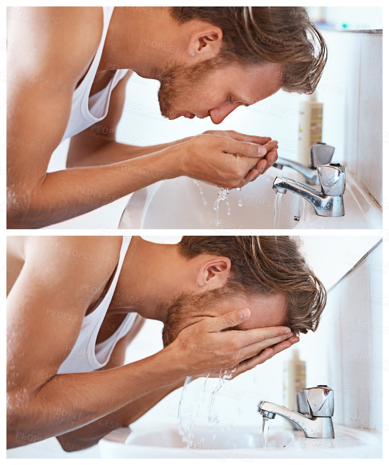 Buy stock photo Water, wash face and man in bathroom at sing for clean, hygiene or morning routine with sequence. Composite, splash and person by faucet for grooming, self care or natural facial treatment in home