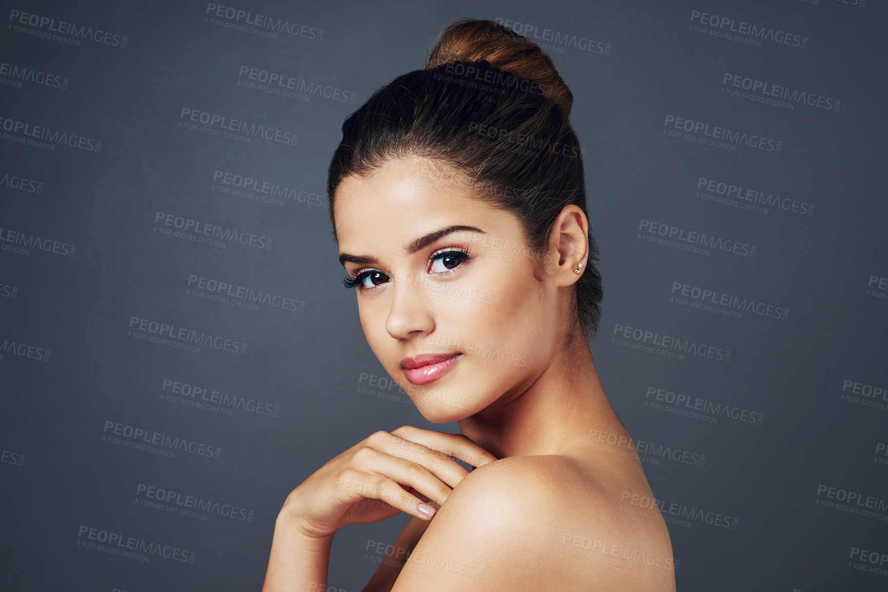 Buy stock photo Cosmetics, skincare and portrait of girl in studio with confidence, facial care and healthy skin glow on mockup. Beauty, dermatology and face of woman in luxury makeup, pride or grey background space