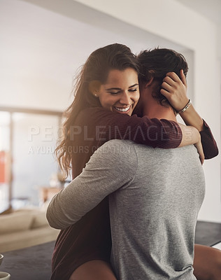 Buy stock photo Happy, couple and hug in home for love, romantic bond quality time for care together with partner. Young man, woman and hugging for romance of lovers in relationship, dating and smile for happiness 