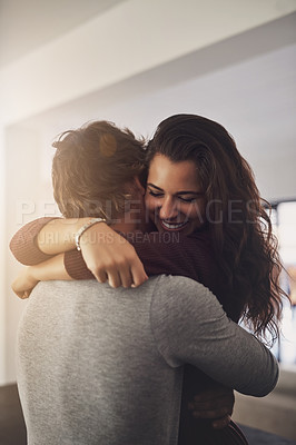 Buy stock photo Happy woman hugging man in home for love, care and quality time together. Young couple, hug and romance of lovers in intimate relationship, special moment and smile for trust of partner in apartment