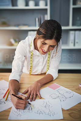 Buy stock photo Woman, fashion and drawing or designer clothes in creative studio or tape measure, seamstress or sketch. Female person, project and art brainstorming for textile small business, planning or workshop