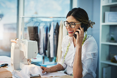 Buy stock photo Happy girl, call or vision of fashion design, business or confused at question, query or feedback. Woman, glasses or smartphone in crm, conversation or planning of new custom designs in office