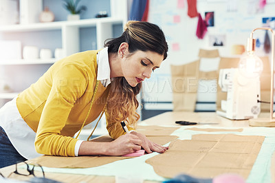 Buy stock photo Designer, workshop and pattern for boutique, startup or trendy small business. Woman, fashion and drawing for creative, tailor clothes and skills in artistic design studio for entrepreneur seamstress