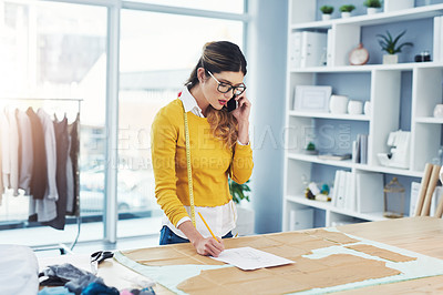 Buy stock photo Fashion, business and woman with phone call or designer planning pattern, problem solving or brainstorming. Tailor, client and creative employee chat to contact in workshop with sketch of clothes