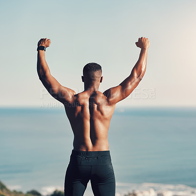 Buy stock photo Outdoor, winner and athlete in nature, black man and mountain for workout, training and exercise for muscle. Active, energy and person in environment, sport and wellness for fitness and healthy body