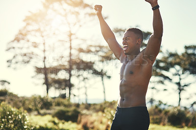 Buy stock photo Excited, sports and nature for African man, athlete and forest  for workout, training and exercise. Active, energy and person in environment, muscle and wellness for fitness and healthy body outdoor