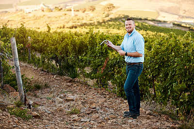 Buy stock photo Portrait of a farmer working in a vineyard