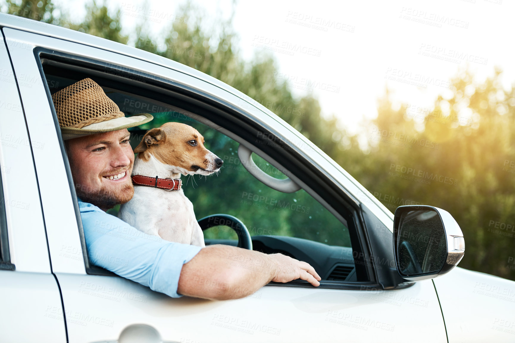 Buy stock photo Shot of a man and his dog driving in the countryside