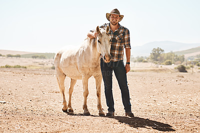 Buy stock photo Farmer, man and portrait with horse in field for agriculture, sustainability and animal livestock for pet care. Equestrian, farm owner and entrepreneur with stallion on ranch for hobby in countryside