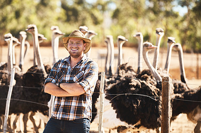 Buy stock photo Portrait of a man working in an ostrich farm