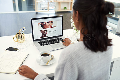 Buy stock photo Laptop, coffee and woman with notebook in office reading information on internet for web design. Technology, espresso and female designer working with research on computer for startup business.