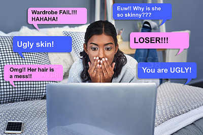 Buy stock photo Stress, girl and shocked with laptop on bed for online bullying, scam or overlay of social media. Person, surprise and anxiety with speech bubble for internet gossip, message or digital abuse at home