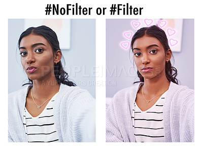 Buy stock photo Composite image of an attractive young woman taking a selfie with one side having a filter and the other side having no filter