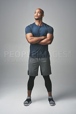 Buy stock photo Arms crossed, fitness and man thinking isolated on studio background for healthy body and workout ideas. Confident, vision and strong athlete, bodybuilder or African person, exercise and sports power