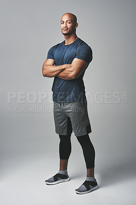 Buy stock photo Arms crossed, fitness and portrait of man isolated on studio background for healthy body and workout. Confident, happy and strong athlete, bodybuilder or African person with exercise for sports power