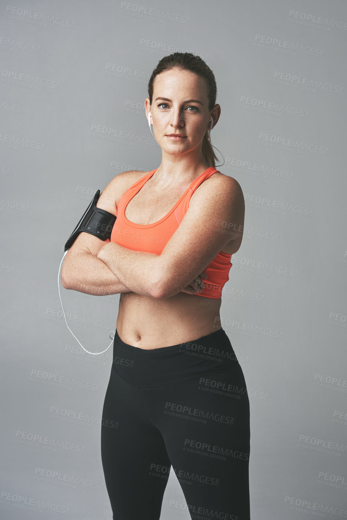 Buy stock photo Crossed arms, fitness and portrait of woman in studio for health, wellness or body workout. Serious, sports and confident female athlete with exercise or training isolated by gray background.