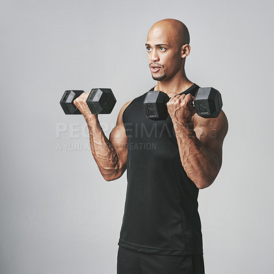 Buy stock photo African man, weights and fitness with workout, training and sport for health and wellness. Athlete, iron dumbbells and exercise with commitment, cardio and vitality isolated on white background