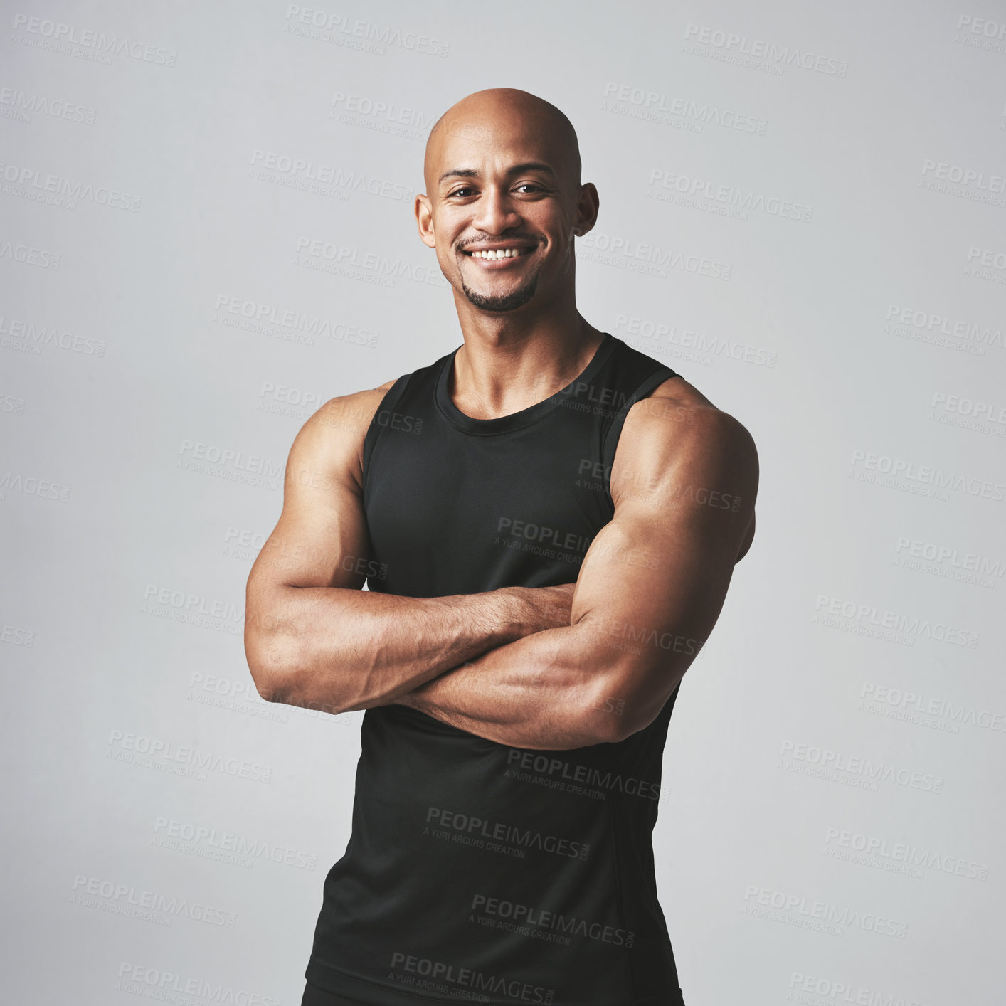 Buy stock photo Fitness portrait happy man and arms crossed isolated on studio background, healthy body or muscle workout. Smile on face of strong athlete, USA bodybuilder or African person, exercise or sports power