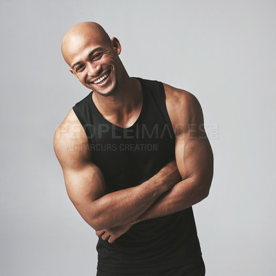 Buy stock photo Portrait, muscle or man in smile at fitness, exercise or health as wellness, growth or training. Male person, studio or happy to start, workout or challenge of strong, power or performance on mockup