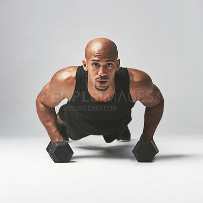 Buy stock photo Plank, portrait and black man with dumbbells for fitness, exercise and wellness for sport isolate on white background. Commitment, training and athlete with motivation for workout, health and cardio