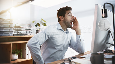 Buy stock photo Overtime, yawning and tired businessman in office on computer working for online deadline or pressure. Corporate job demand, low energy and exhausted database administrator with fatigue or burnout