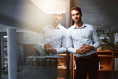 Buy stock photo Office, reflection and businessman in portrait for career, professional job and confidence with ambition. Night, male person and corporate manager with smile for positive attitude, worker and pride