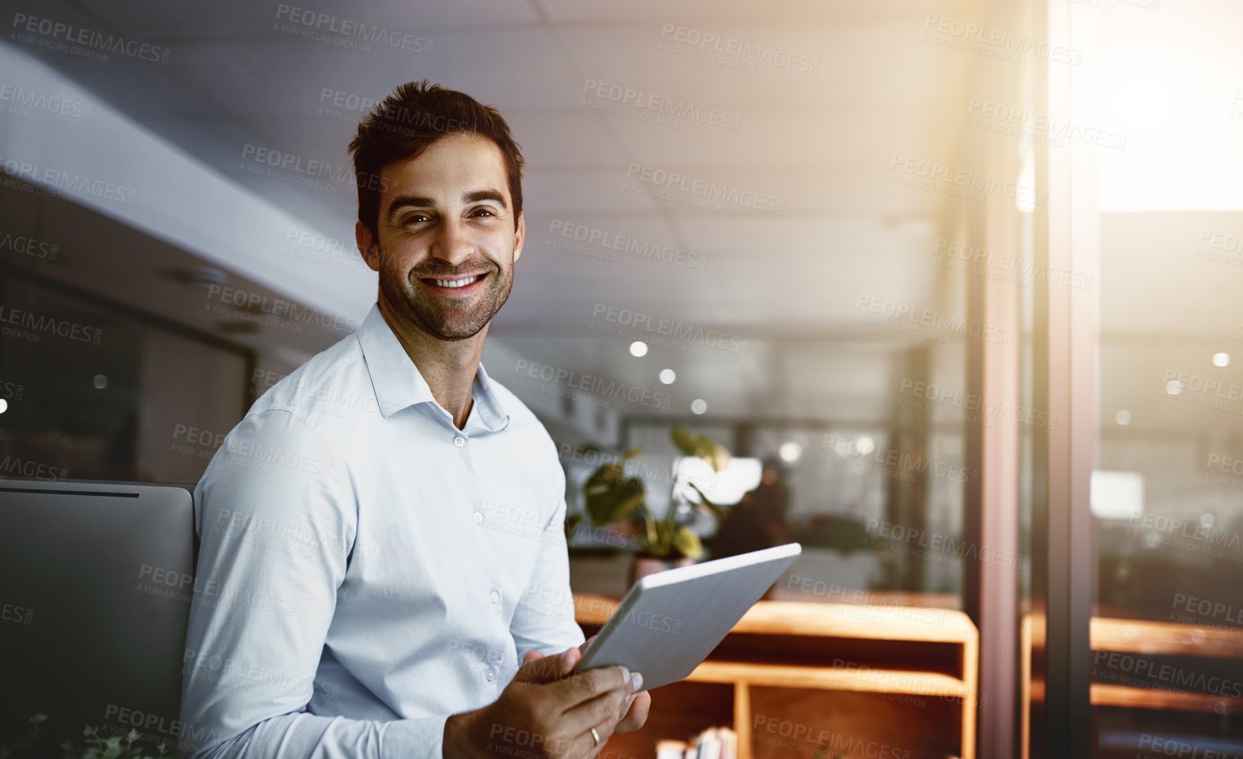 Buy stock photo Office, night and businessman in portrait with tablet, research information and planning for article. Working late, male person and journalist with digital for new story, online report and deadline