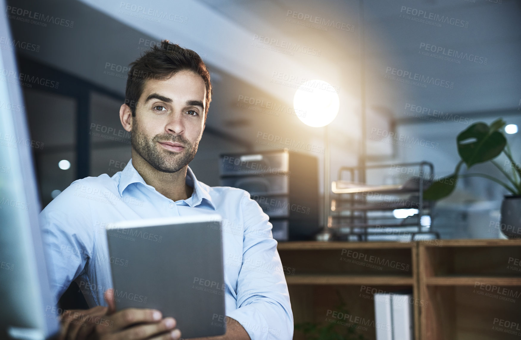 Buy stock photo Office, businessman and portrait with tablet for software, working late and online page by computer. Night, male person and web designer with digital for application solution, download and deadline