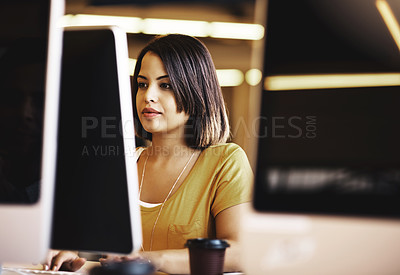 Buy stock photo Office, thinking and businesswoman with computer for typing, software and research content with technology. Workplace, solution and web designer with digital for page update, review and application